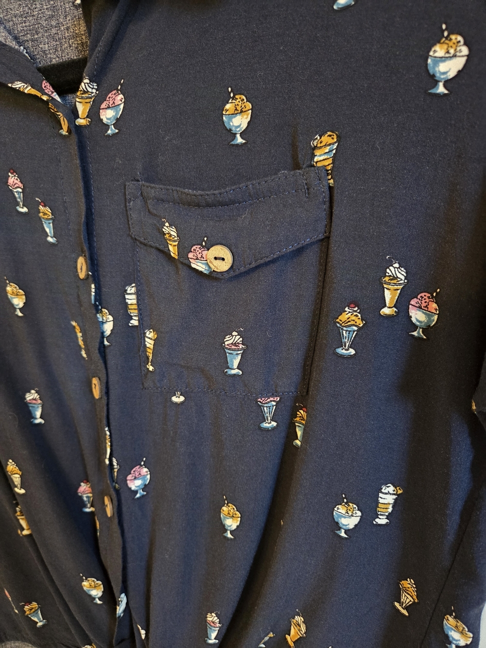 Ice Cream Sundae Print Navy Blue Tie Front Button Down Blouse